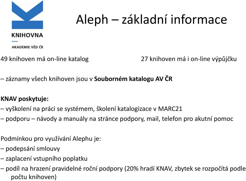 manuály na stránce podpory, mail, telefon pro akutní pomoc Podmínkou pro využívání Alephu je: podepsání smlouvy