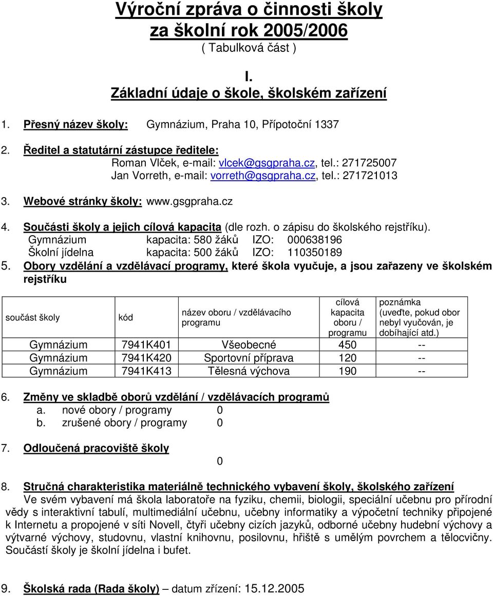 Součásti školy a jejich cílová kapacita (dle rozh. o zápisu do školského rejstříku). Gymnázium kapacita: 580 žáků IZO: 000638196 Školní jídelna kapacita: 500 žáků IZO: 110350189 5.