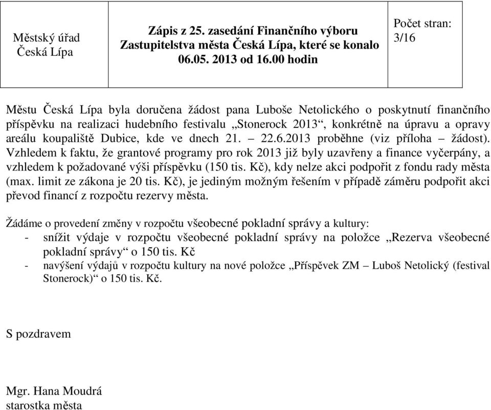 Kč), kdy nelze akci podpořit z fondu rady města (max. limit ze zákona je 20 tis. Kč), je jediným možným řešením v případě záměru podpořit akci převod financí z rozpočtu rezervy města.