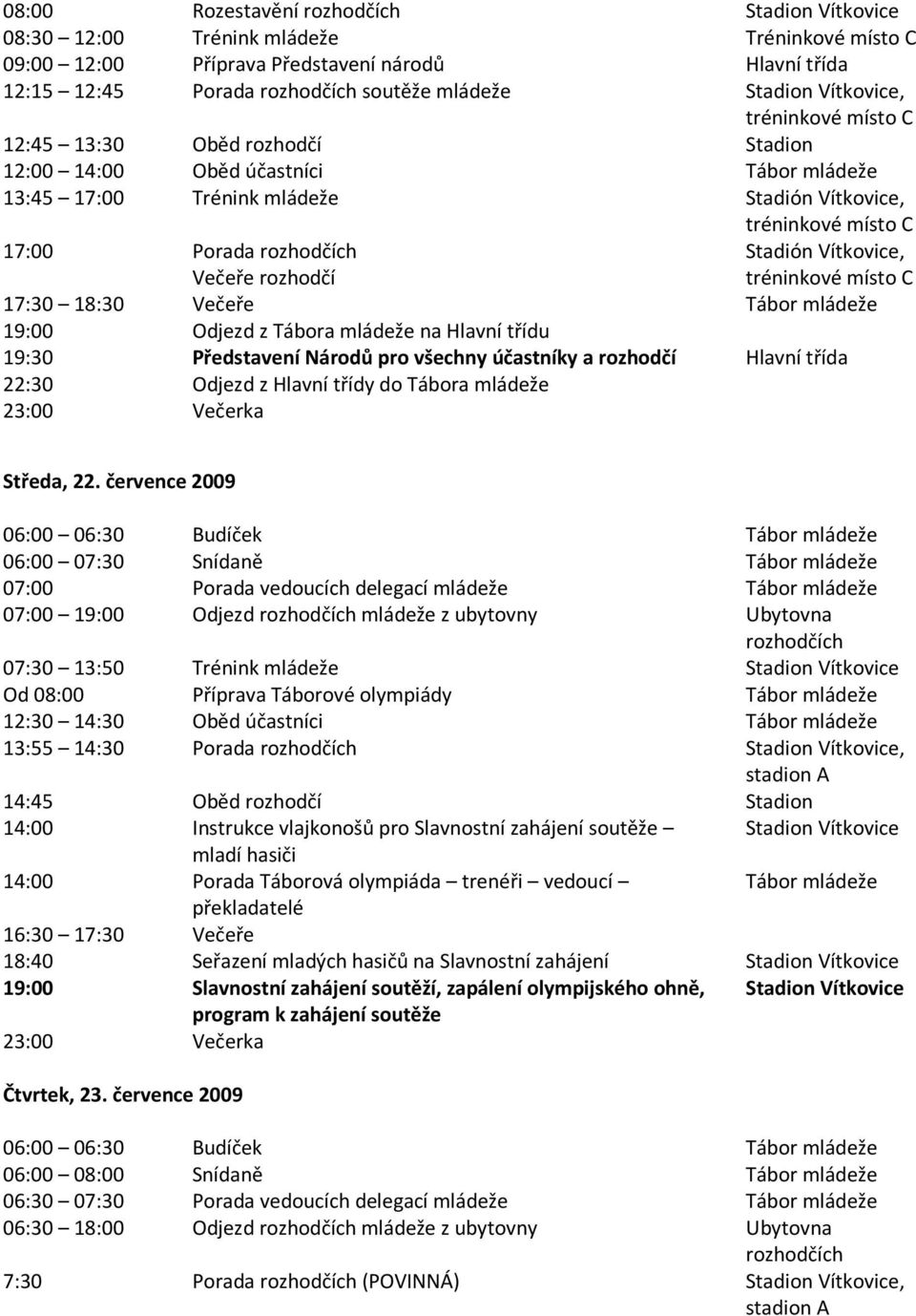 19:30 Představení Národů pro všechny účastníky a rozhodčí Hlavní třída 22:30 Odjezd z Hlavní třídy do Tábora mládeže Stadión Vítkovice, Středa, 22.