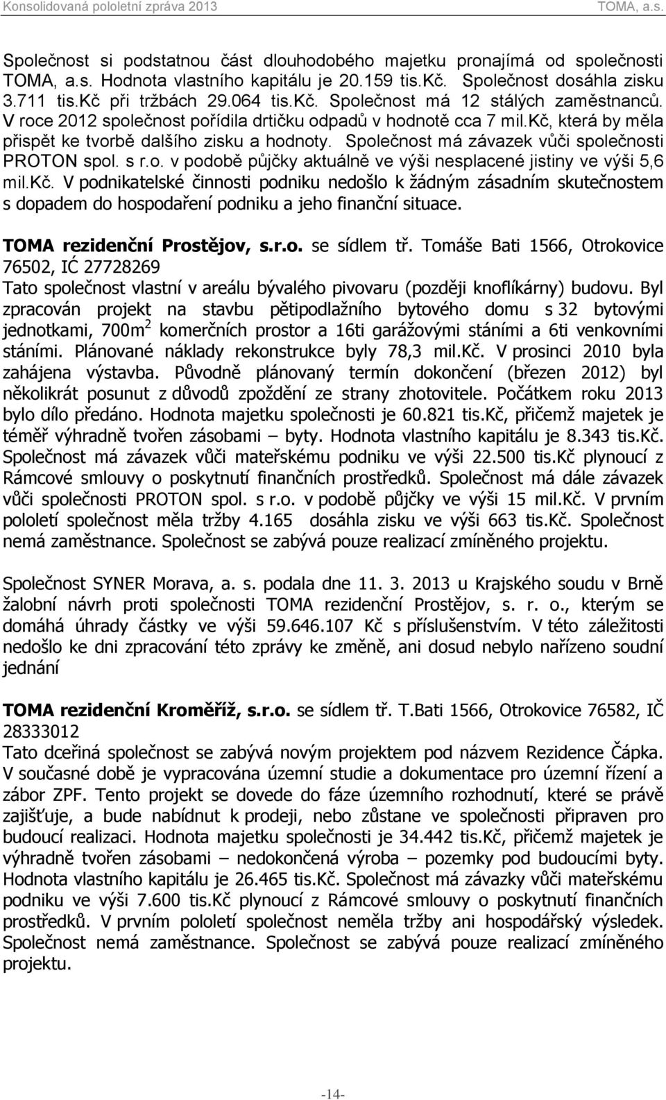kč. V podnikatelské činnosti podniku nedošlo k žádným zásadním skutečnostem s dopadem do hospodaření podniku a jeho finanční situace. TOMA rezidenční Prostějov, s.r.o. se sídlem tř.