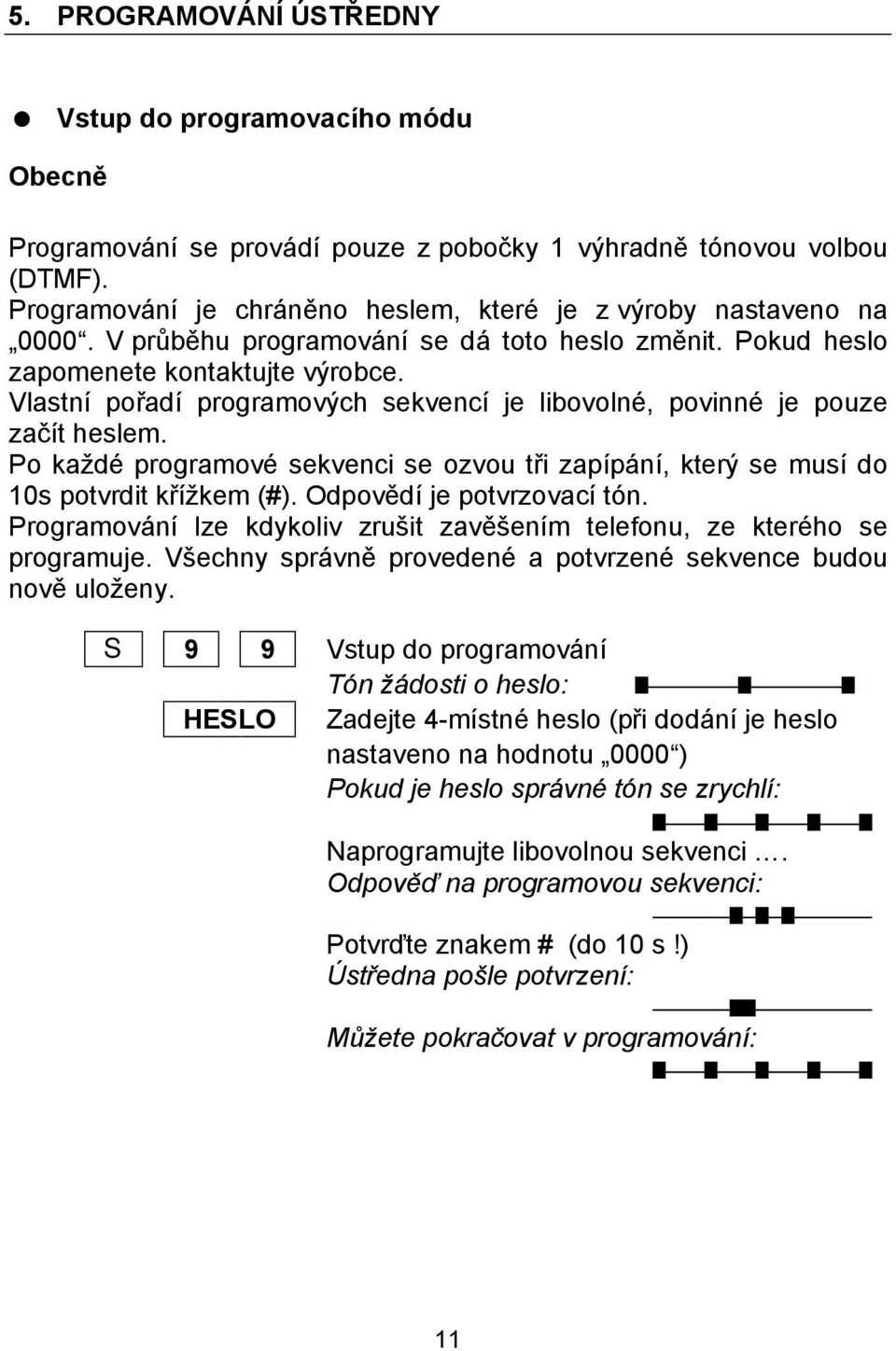 Vlastnı poradı programovych sekvencı je libovolnč, povinnč je pouze zacıt heslem. Po kazdč programovč sekvenci se ozvou tri zapıpa nı, ktery se musı do 10s potvrdit krızkem (#).