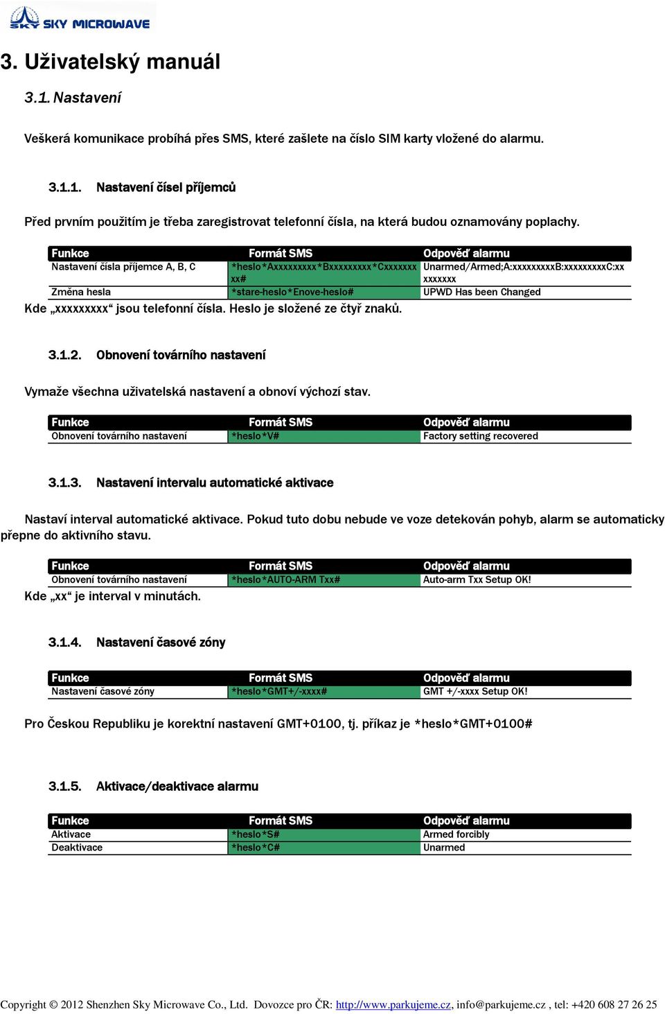 jsou telefonní čísla. Heslo je složené ze čtyř znaků. 3.1.2. Obnovení továrního nastavení Vymaže všechna uživatelská nastavení a obnoví výchozí stav.