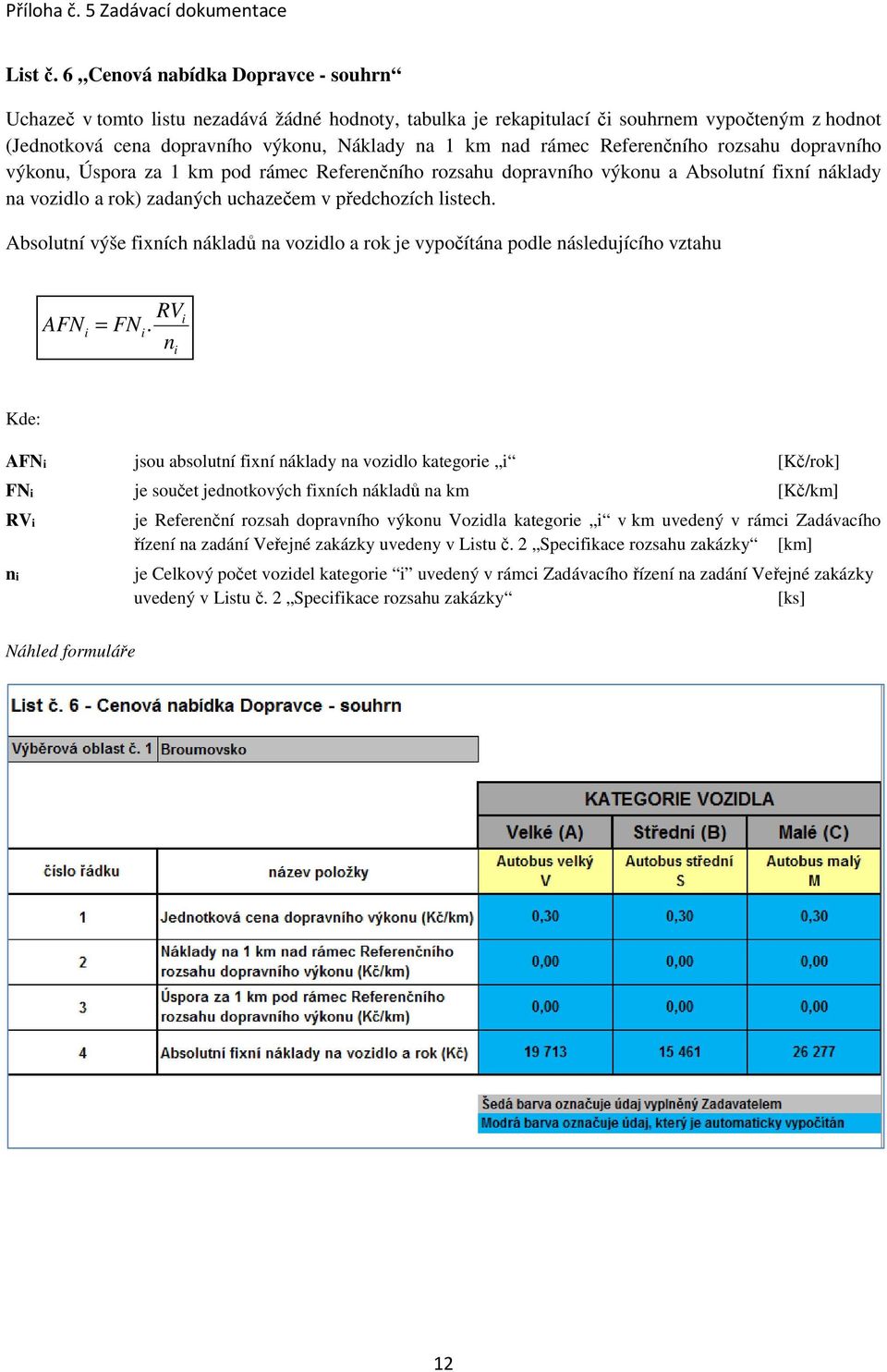 za 1 km pod rámec a Absolutní fixní náklady na vozidlo a rok) zadaných uchazečem v předchozích listech.