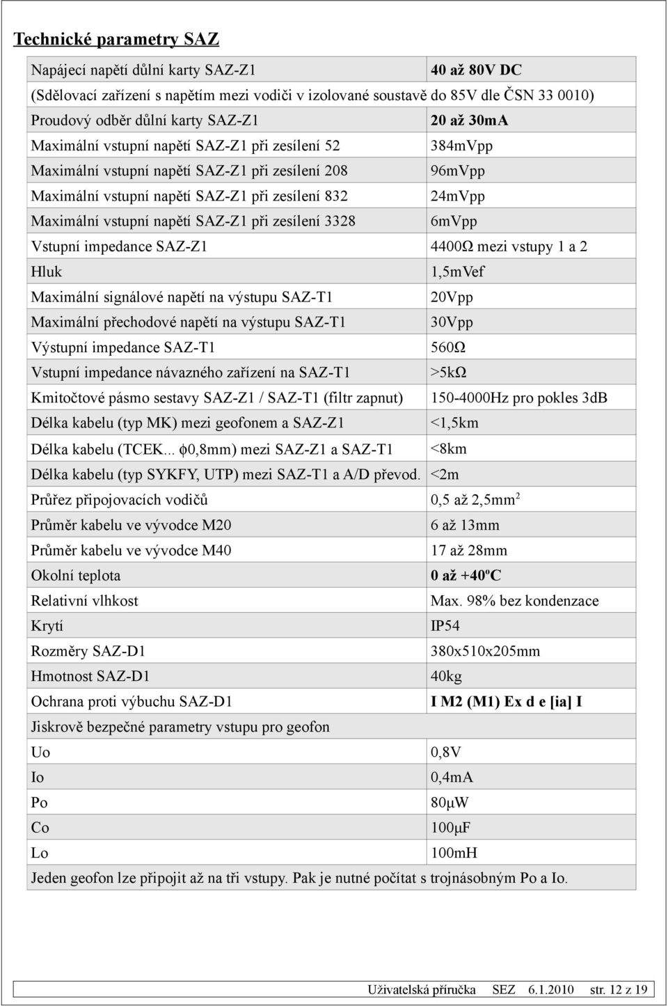 SAZ-Z1 při zesílení 3328 6mVpp Vstupní impedance SAZ-Z1 4400Ω mezi vstupy 1 a 2 Hluk 1,5mVef Maximální signálové napětí na výstupu SAZ-T1 20Vpp Maximální přechodové napětí na výstupu SAZ-T1 30Vpp