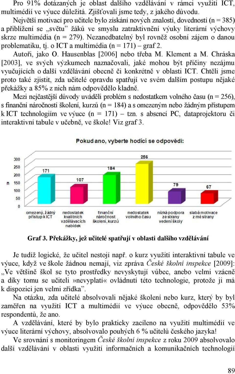 Nezanedbatelný byl rovněž osobní zájem o danou problematiku, tj. o ICT a multimédia (n = 171) graf 2. Autoři, jako O. Hausenblas [2006] nebo třeba M. Klement a M.