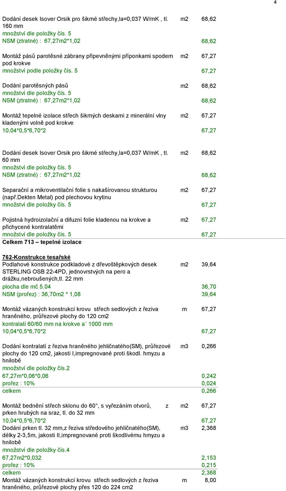 5 67,27 Dodání parotěsných pásů m2 68,62 množství dle položky čís.