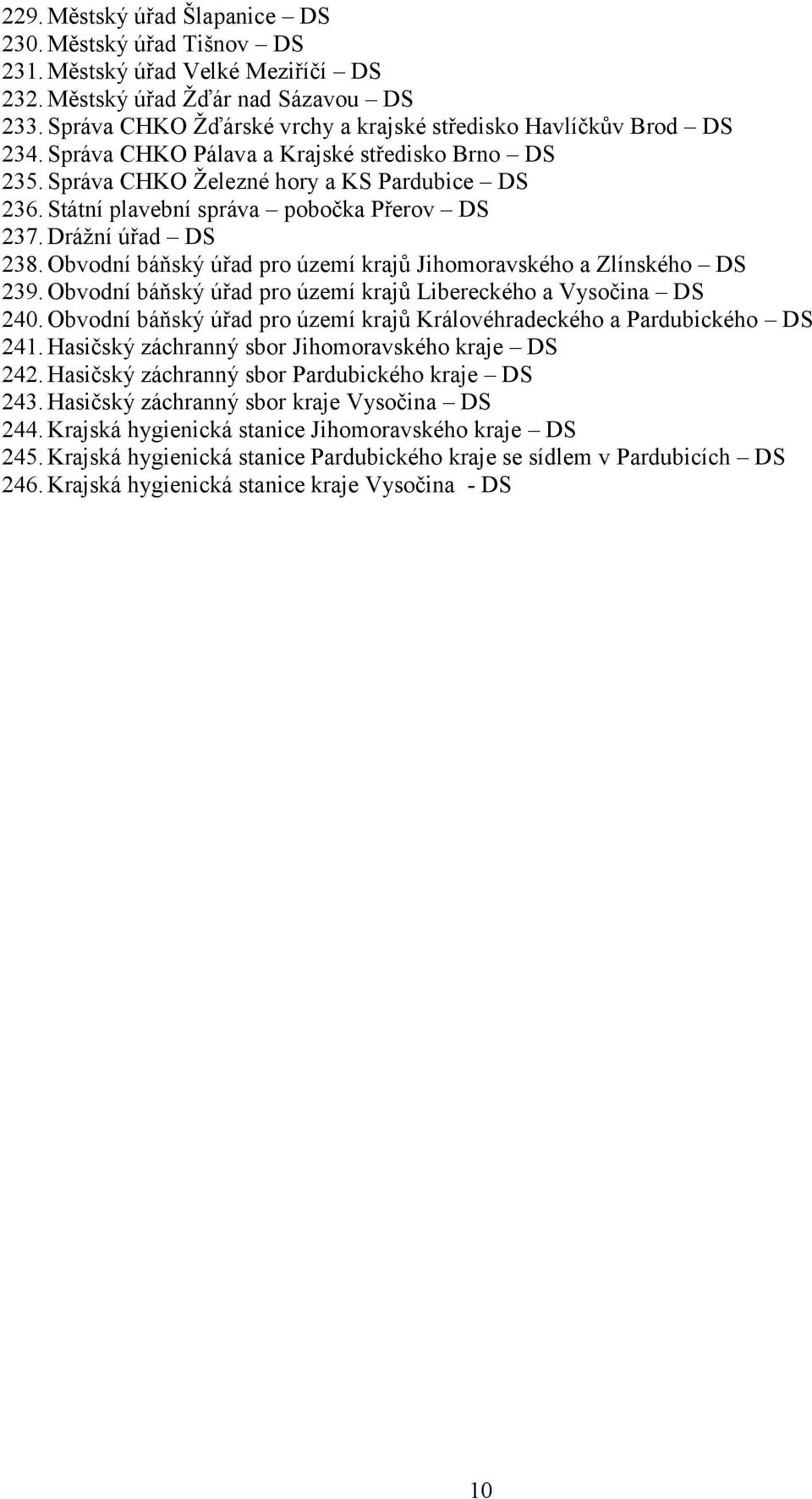 Státní plavební správa pobočka Přerov DS 237. Dráţní úřad DS 238. Obvodní báňský úřad pro území krajů Jihomoravského a Zlínského DS 239.