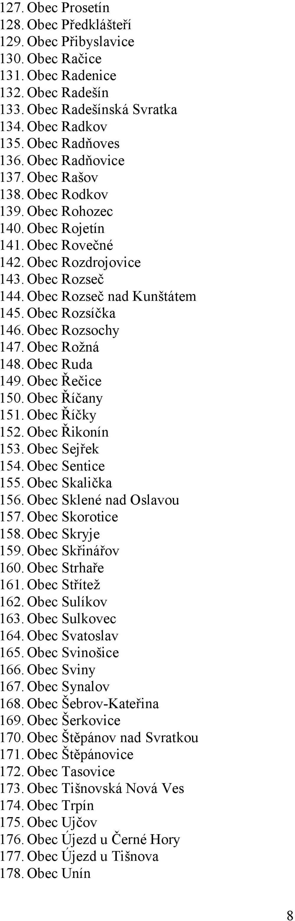 Obec Rozsochy 147. Obec Roţná 148. Obec Ruda 149. Obec Řečice 150. Obec Říčany 151. Obec Říčky 152. Obec Řikonín 153. Obec Sejřek 154. Obec Sentice 155. Obec Skalička 156. Obec Sklené nad Oslavou 157.