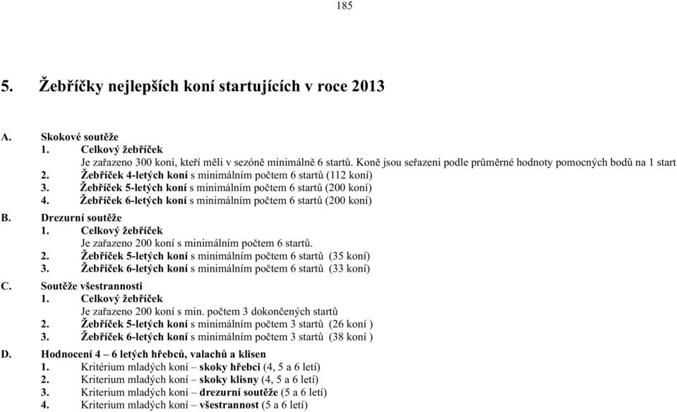 Žebříček 5-letých koní s minimálním počtem 6 startů (200 koní) 4. Žebříček 6-letých koní s minimálním počtem 6 startů (200 koní) B. Drezurní soutěže 1.