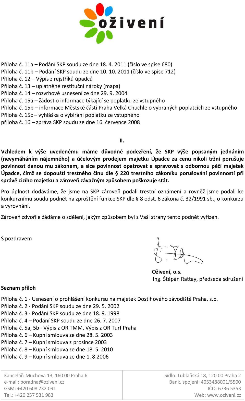 15b informace Městské části Praha Velká Chuchle o vybraných poplatcích ze vstupného Příloha č. 15c vyhláška o vybírání poplatku ze vstupného příloha č. 16 zpráva SKP soudu ze dne 16. července 2008 II.