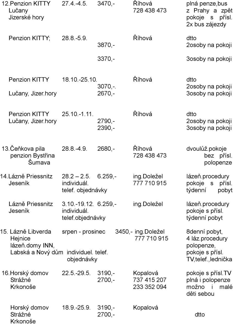 Říhová dtto Lučany, Jizer.hory 2790,- 2osoby na pokoji 2390,- 3osoby na pokoji 13.Čeňkova pila 28.8.-4.9. 2680,- Říhová dvoulůţ.pokoje penzion Bystřina 728 438 473 bez přísl. polopenze 14.