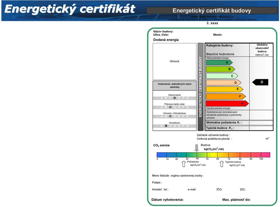 F G ENERGETICKÝ CERTIFIKÁT BUDOVY Kategória budovy: Bilančné hodnotenie Nízka potreba energie A B C D E Vysoká potreba energie Hodnotenie pre normalizované klimatické podmienky a podmienky užívania F