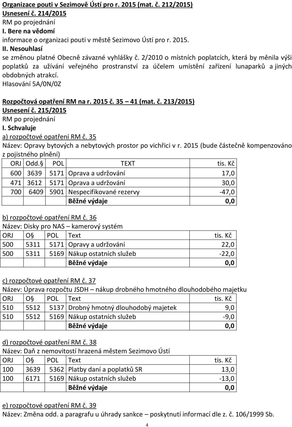 2/2010 o místních poplatcích, která by měnila výši poplatků za užívání veřejného prostranství za účelem umístění zařízení lunaparků a jiných obdobných atrakcí. Rozpočtová opatření RM na r. 2015 č.