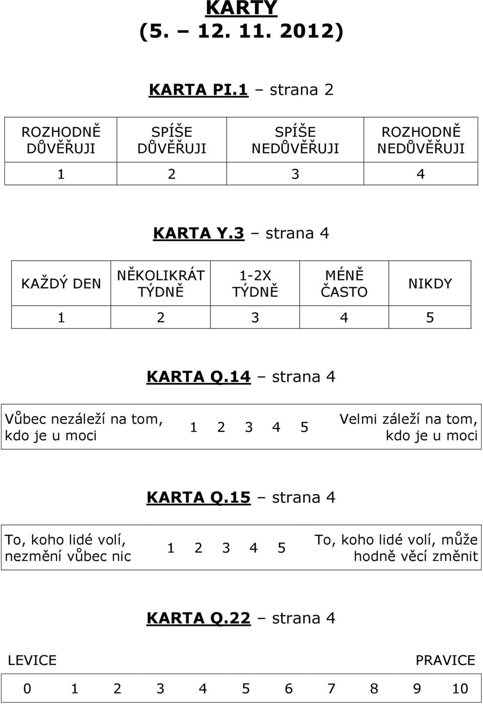 14 strana 4 Vůbec nezáleţí na tom, kdo je u moci 1 2 3 4 5 Velmi záleţí na tom, kdo je u moci KARTA Q.