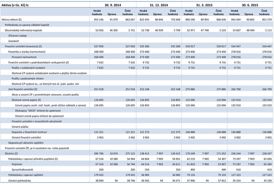 305 5 751 52 738 46 939 5 799 52 971 47 748 5 223 53 607 48 494 5 113 Zřizovací výdaje Goodwill Finanční umístění (investice) (Σ) 527 950 527 950 535 300 535 300 559 017 559 017 554 447 554 447