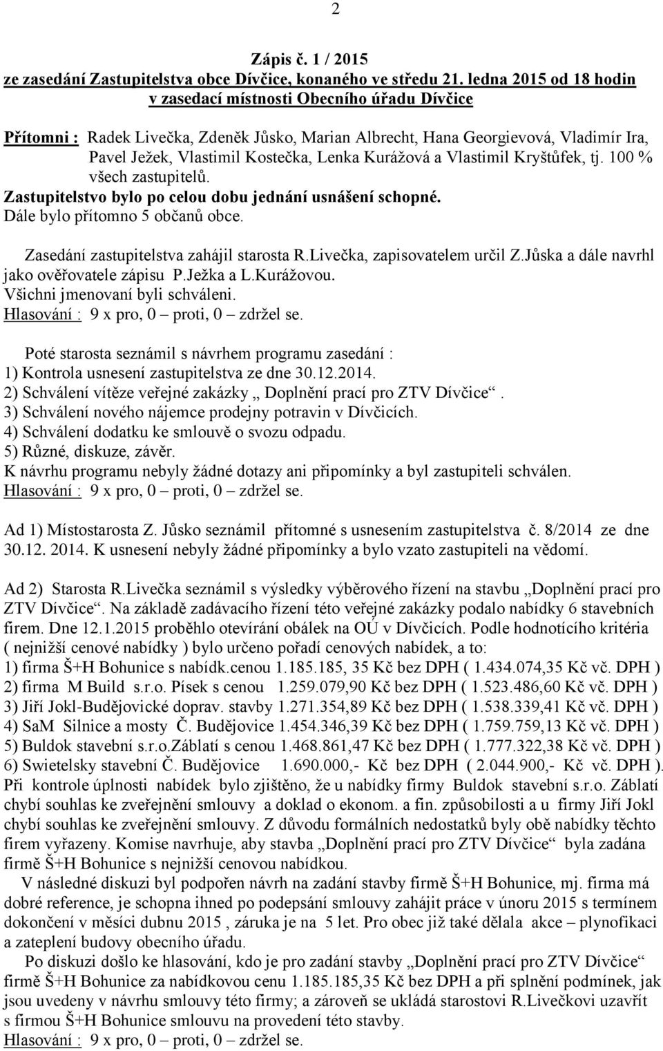 Kurážová a Vlastimil Kryštůfek, tj. 100 % všech zastupitelů. Zastupitelstvo bylo po celou dobu jednání usnášení schopné. Dále bylo přítomno 5 občanů obce. Zasedání zastupitelstva zahájil starosta R.