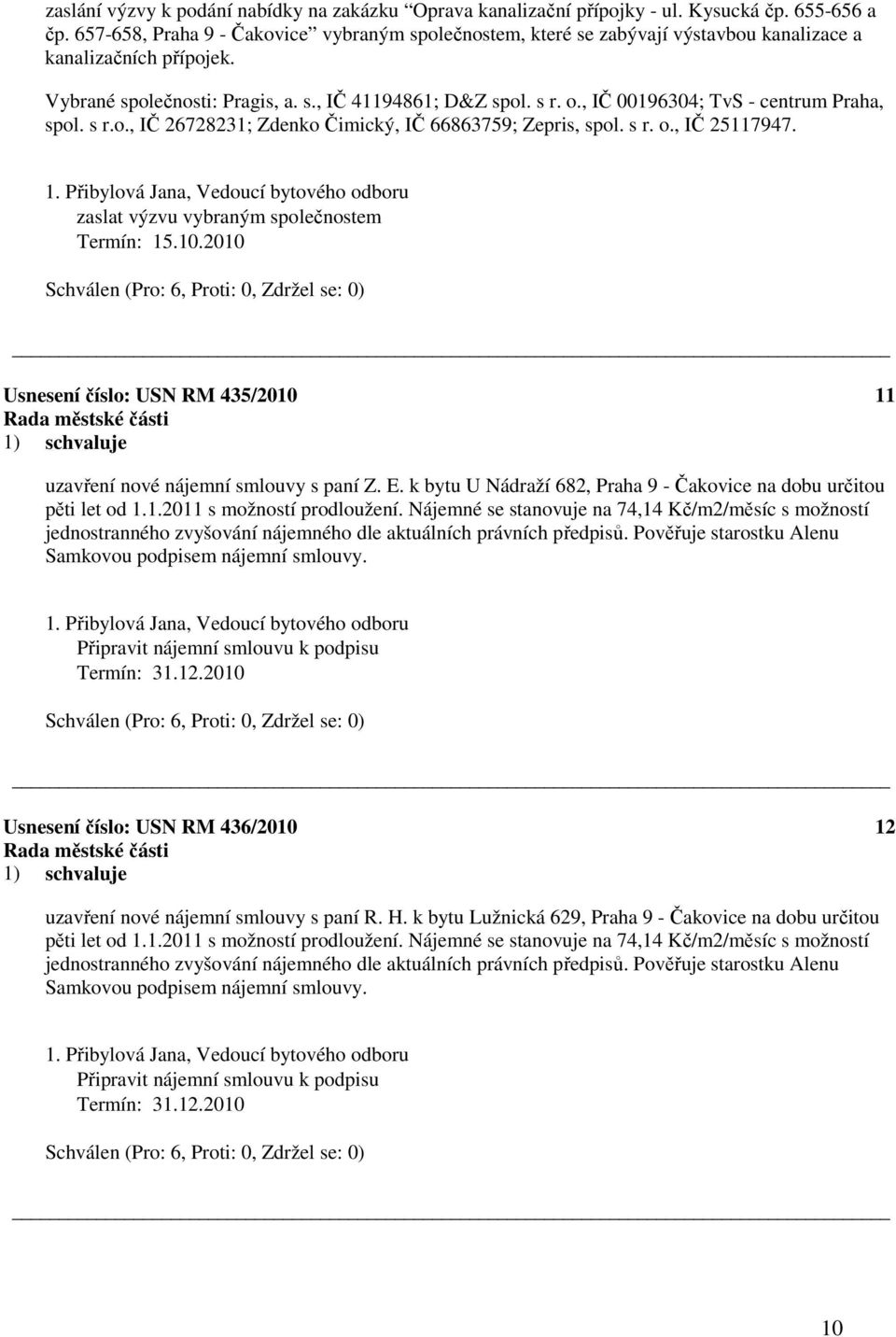 , IČ 00196304; TvS - centrum Praha, spol. s r.o., IČ 26728231; Zdenko Čimický, IČ 66863759; Zepris, spol. s r. o., IČ 25117947. zaslat výzvu vybraným společnostem Termín: 15.10.