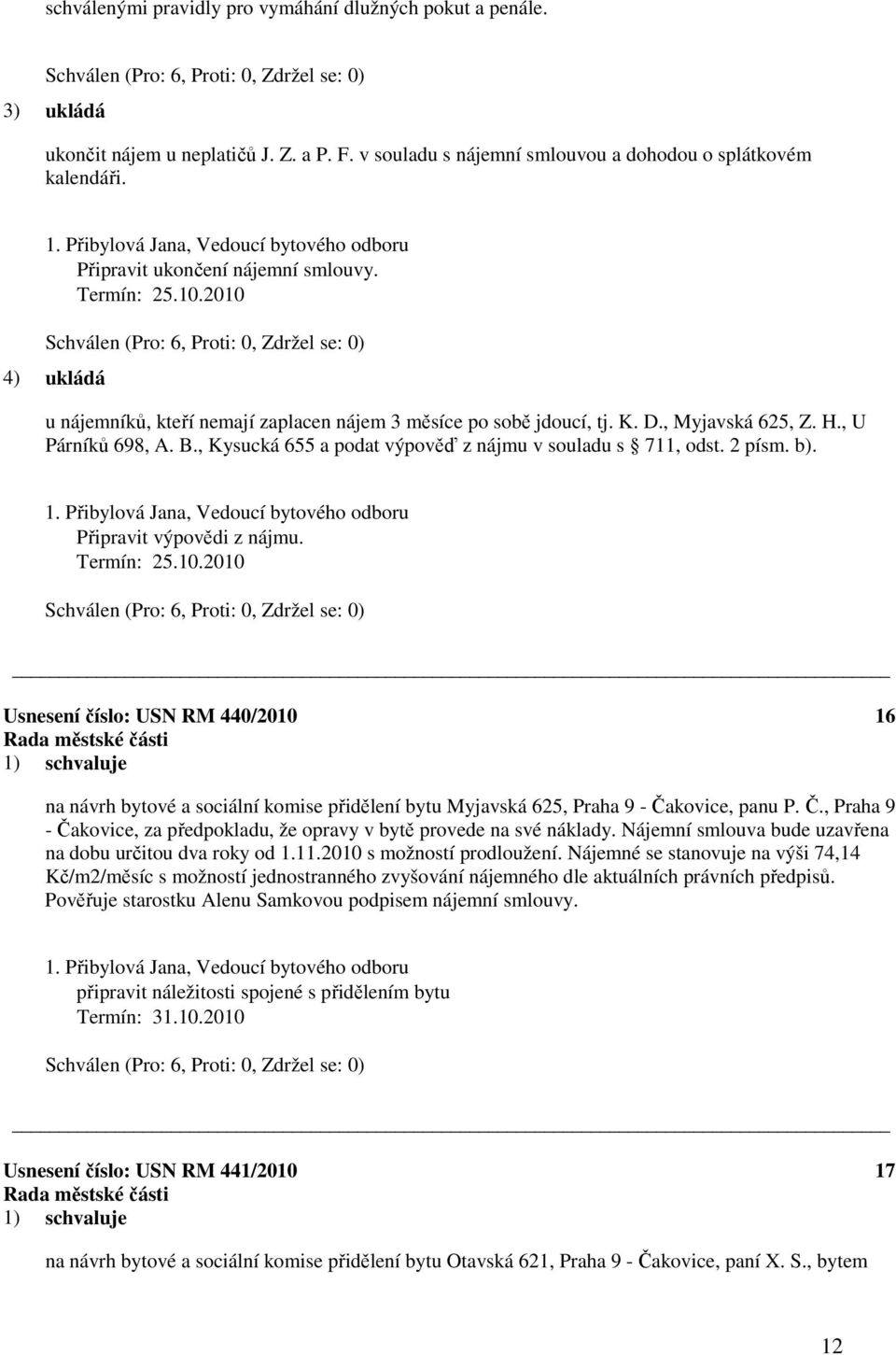 , Kysucká 655 a podat výpověď z nájmu v souladu s 711, odst. 2 písm. b). Připravit výpovědi z nájmu. Termín: 25.10.