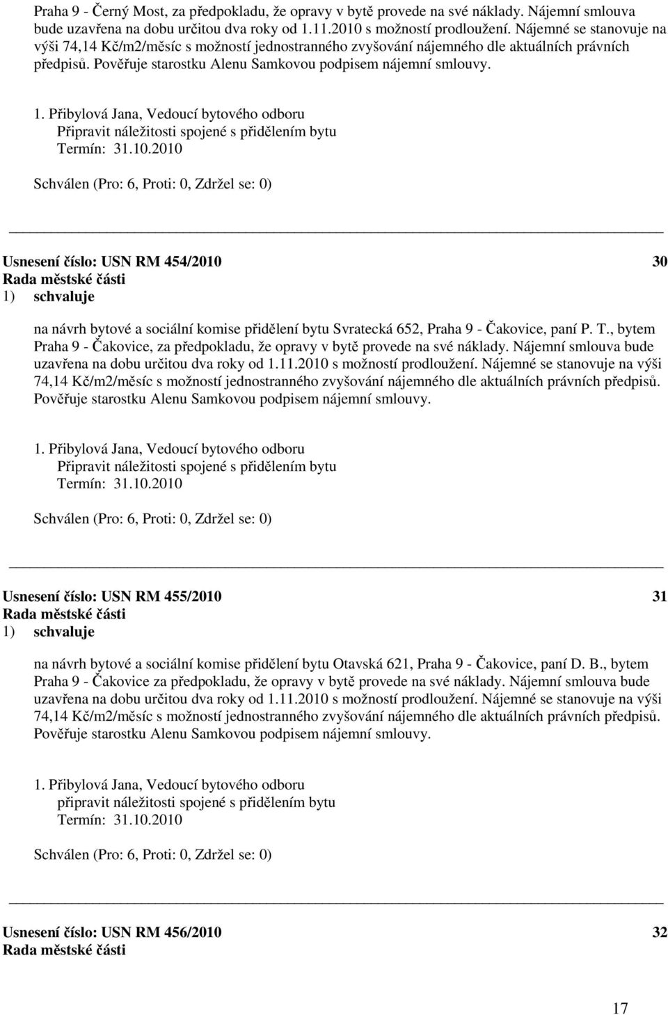 Připravit náležitosti spojené s přidělením bytu Usnesení číslo: 454/2010 30 na návrh bytové a sociální komise přidělení bytu Svratecká 652, Praha 9 - Čakovice, paní P. T.