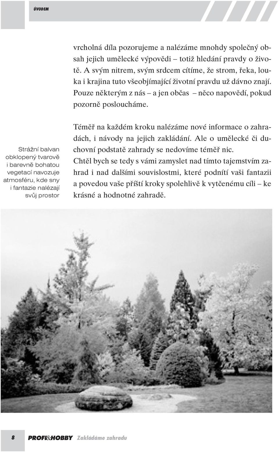 Strážní balvan obklopený tvarově i barevně bohatou vegetací navozuje atmosféru, kde sny i fantazie nalézají svůj prostor Témûfi na kaïdém kroku nalézáme nové informace o zahradách, i návody na jejich