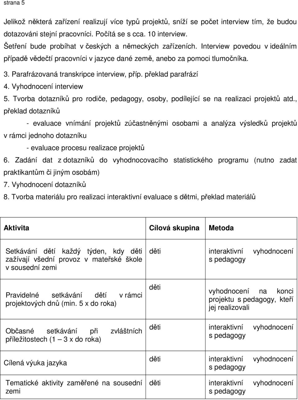 Parafrázovaná transkripce interview, příp. překlad parafrází 4. Vyhodnocení interview 5. Tvorba dotazníků pro rodiče, pedagogy, osoby, podílející se na realizaci projektů atd.