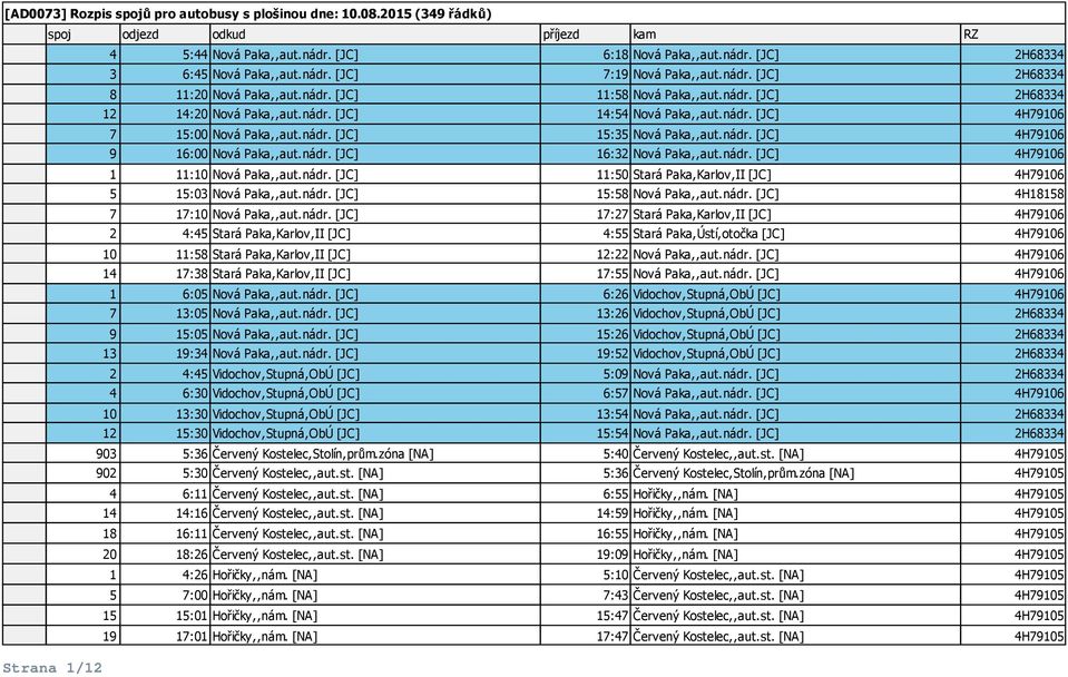 nádr. [JC] 4H79106 1 11:10 Nová Paka,,aut.nádr. [JC] 11:50 Stará Paka,Karlov,II [JC] 4H79106 5 15:03 Nová Paka,,aut.nádr. [JC] 15:58 Nová Paka,,aut.nádr. [JC] 4H18158 7 17:10 Nová Paka,,aut.nádr. [JC] 17:27 Stará Paka,Karlov,II [JC] 4H79106 2 4:45 Stará Paka,Karlov,II [JC] 4:55 Stará Paka,Ústí,otočka [JC] 4H79106 10 11:58 Stará Paka,Karlov,II [JC] 12:22 Nová Paka,,aut.