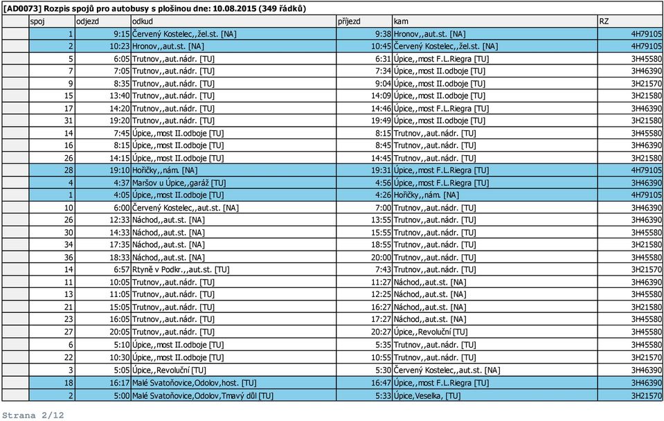 odboje [TU] 3H21580 17 14:20 Trutnov,,aut.nádr. [TU] 14:46 Úpice,,most F.L.Riegra [TU] 3H46390 31 19:20 Trutnov,,aut.nádr. [TU] 19:49 Úpice,,most II.odboje [TU] 3H21580 14 7:45 Úpice,,most II.