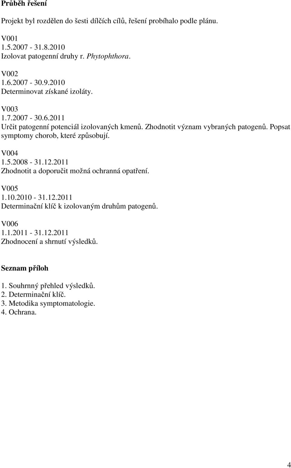 Popsat symptomy chorob, které způsobují. V004 1.5.2008-31.12.2011 Zhodnotit a doporučit možná ochranná opatření. V005 1.10.2010-31.12.2011 Determinační klíč k izolovaným druhům patogenů.