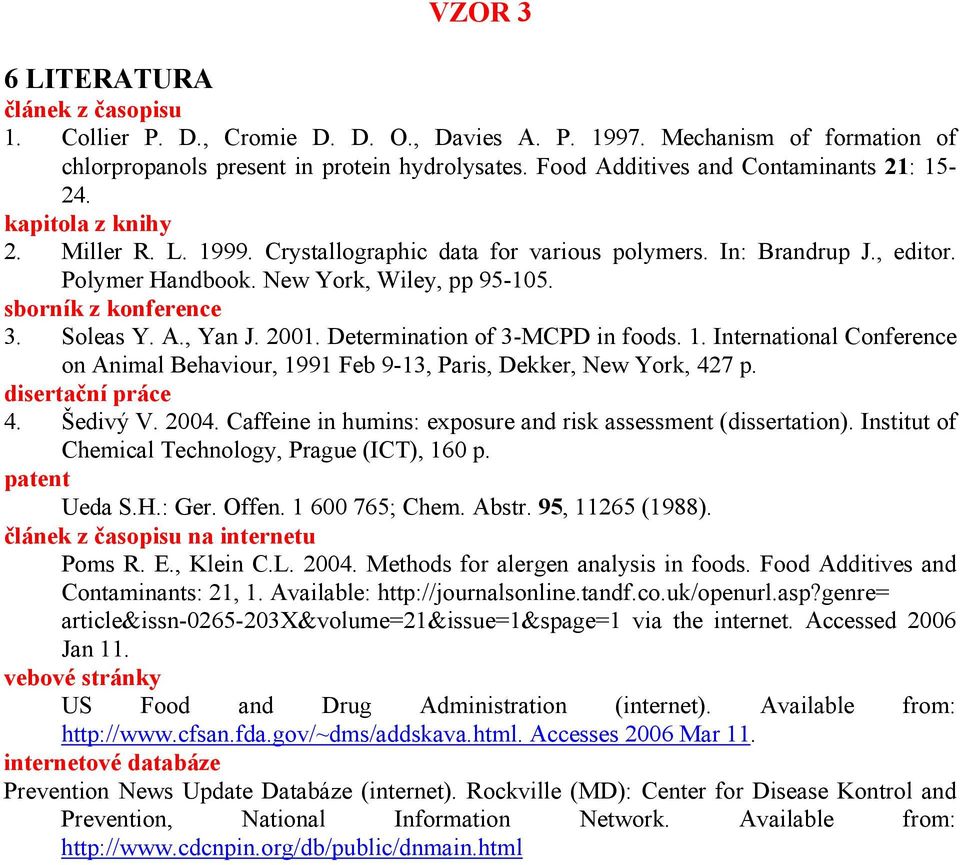 sborník z konference 3. Soleas Y. A., Yan J. 2001. Determination of 3-MCPD in foods. 1. International Conference on Animal Behaviour, 1991 Feb 9-13, Paris, Dekker, New York, 427 p. disertační práce 4.