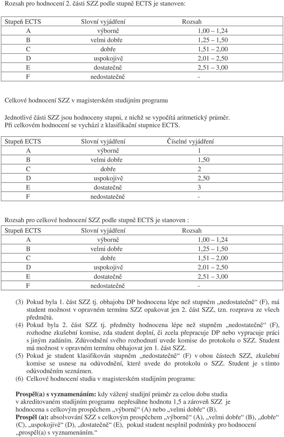 hodnocení SZZ v magisterském studijním programu Jednotlivé ásti SZZ jsou hodnoceny stupni, z nichž se vypoítá aritmetický prmr. Pi celkovém hodnocení se vychází z klasifikaní stupnice ECTS.