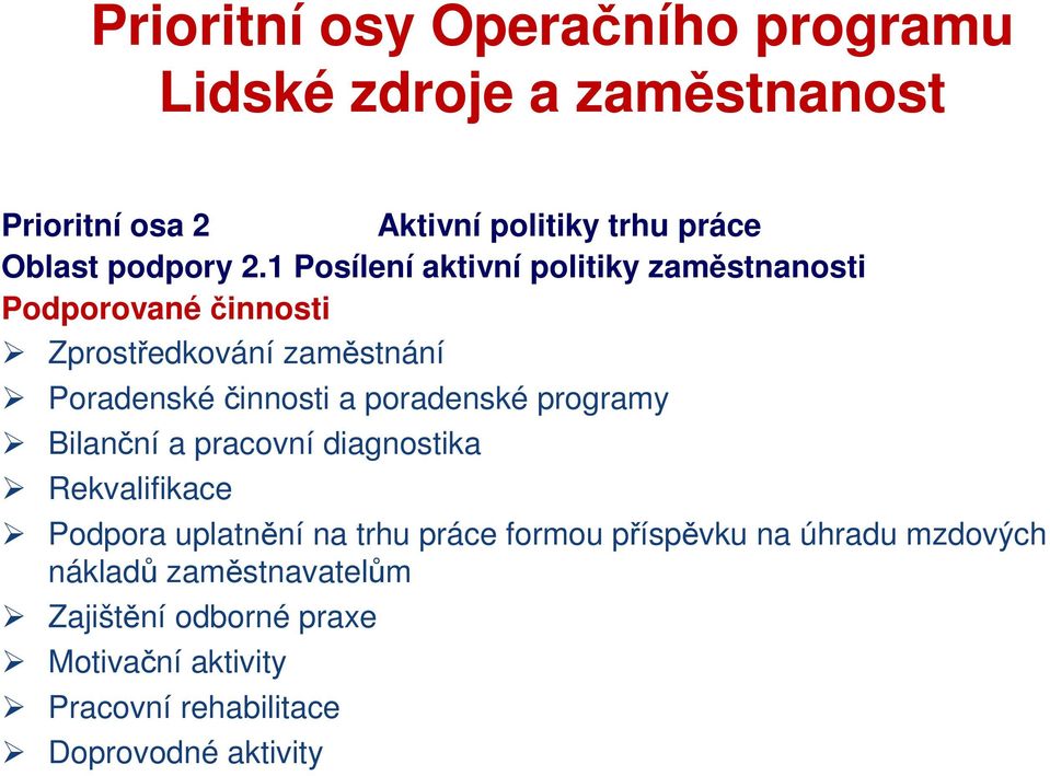 Poradenskéčinnosti a poradenské programy Bilanční a pracovní diagnostika Rekvalifikace Podpora