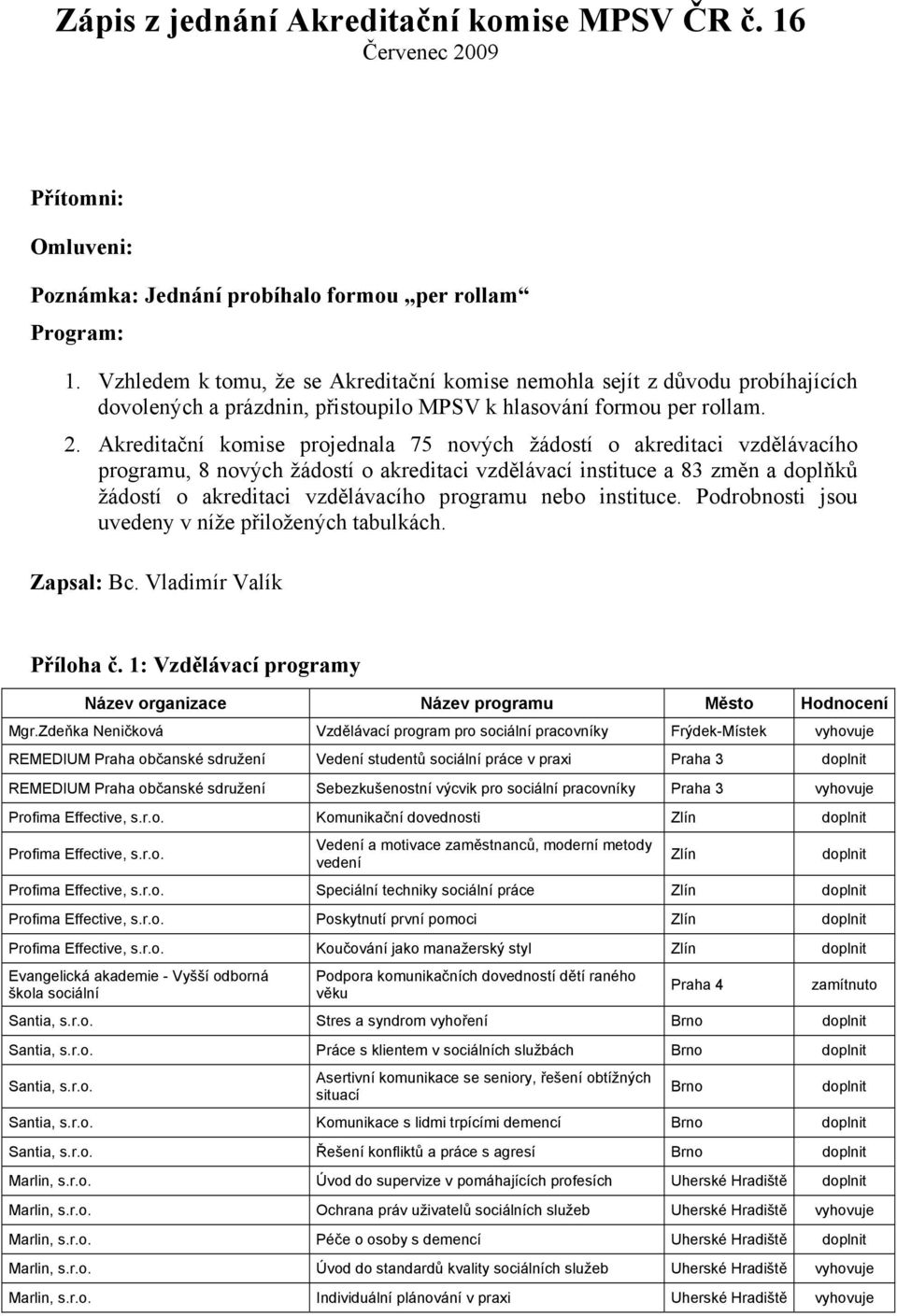 Akreditační komise projednala 75 nových žádostí o akreditaci vzdělávacího programu, 8 nových žádostí o akreditaci vzdělávací instituce a 83 změn a doplňků žádostí o akreditaci vzdělávacího programu