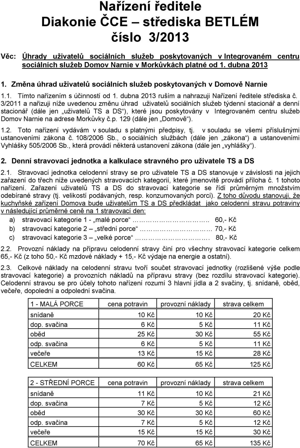 3/2011 a nařizuji níže uvedenou změnu úhrad uživatelů sociálních služeb týdenní stacionář a denní stacionář (dále jen uživatelů TS a DS ), které jsou poskytovány v Integrovaném centru služeb Domov