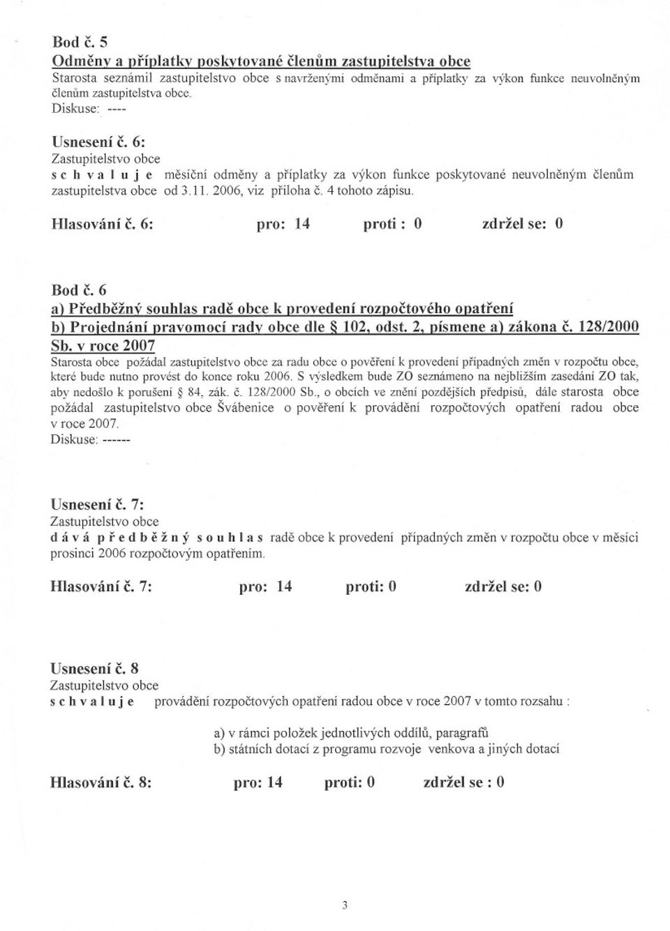 6: pro: 14 proti: O zdržel se: O Bod c. 6 a Predbežn' souhlas rade obce k rovedení roz octového o atrení.!!l..proie4nání pravomocí rad~02. od..!.2. pfsmene a)..bi.kona c. p812000 Sb.