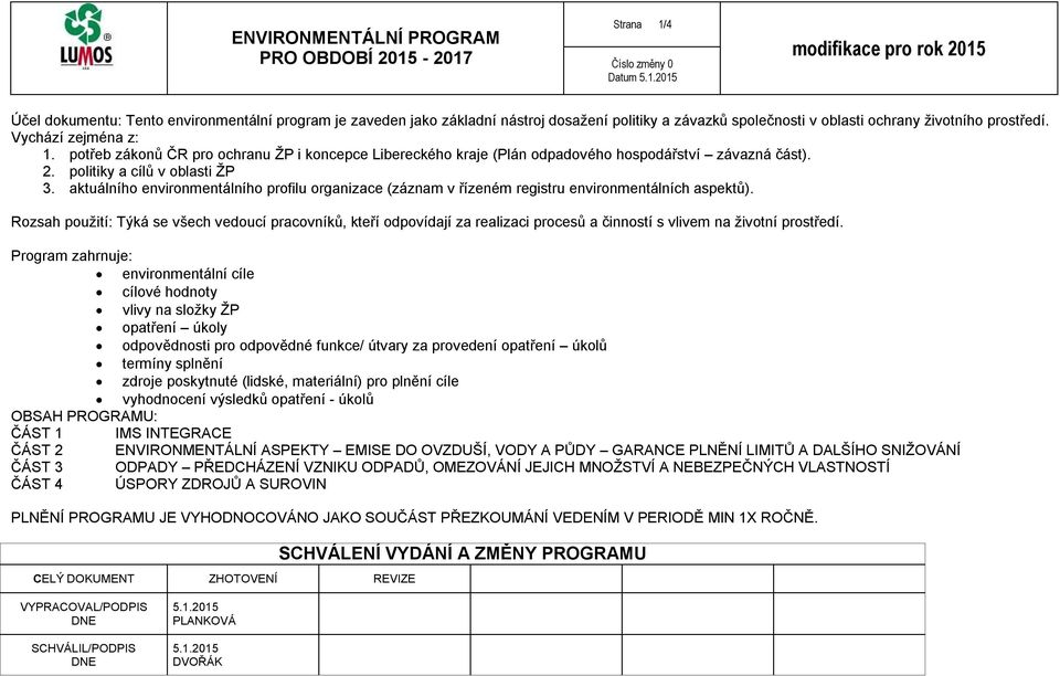 aktuálního environmentálního profilu organizace (záznam v řízeném registru environmentálních aspektů).