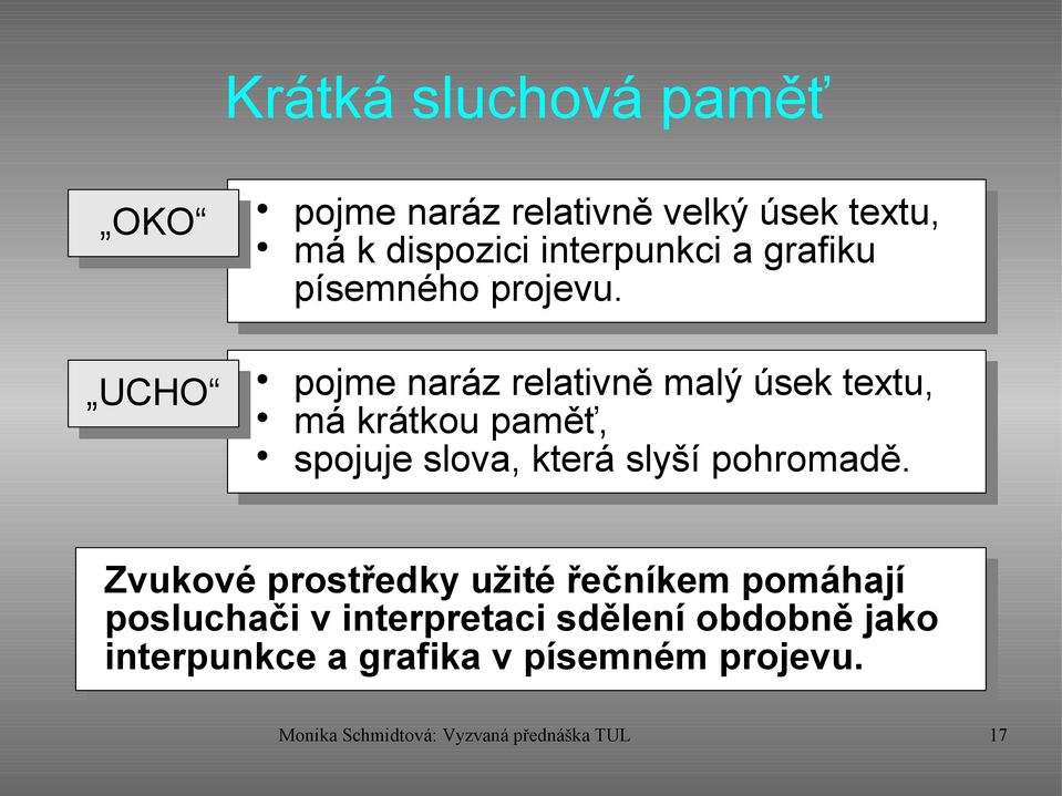 UCHO pojme naráz relativně malý úsek textu, má krátkou paměť, spojuje slova, která slyší pohromadě.