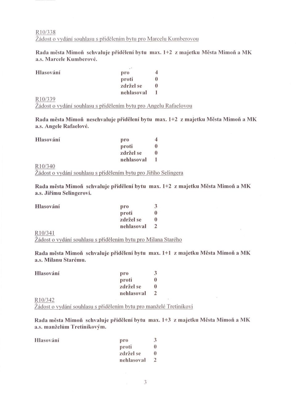 Hlasov~lní nehlasoval 1 R10/30 Žádost o vydání souhlasu s pridelením bytu Jirího Selingera Rada mesta Mimon schvaluje pridclení bytu max. 1+2 z majetku Mesta Mimon a MK a.s. Jirímu Selingerovi.