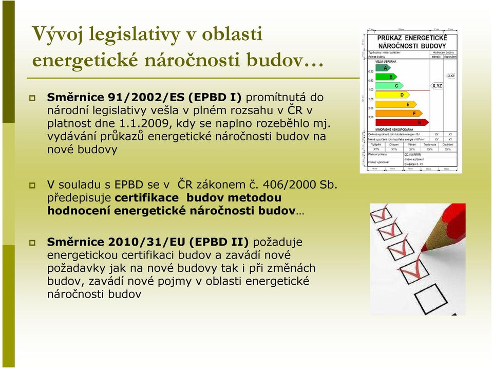 vydávání průkazů energetické náročnosti budov na nové budovy V souladu s EPBD se v ČR zákonem č. 406/2000 Sb.