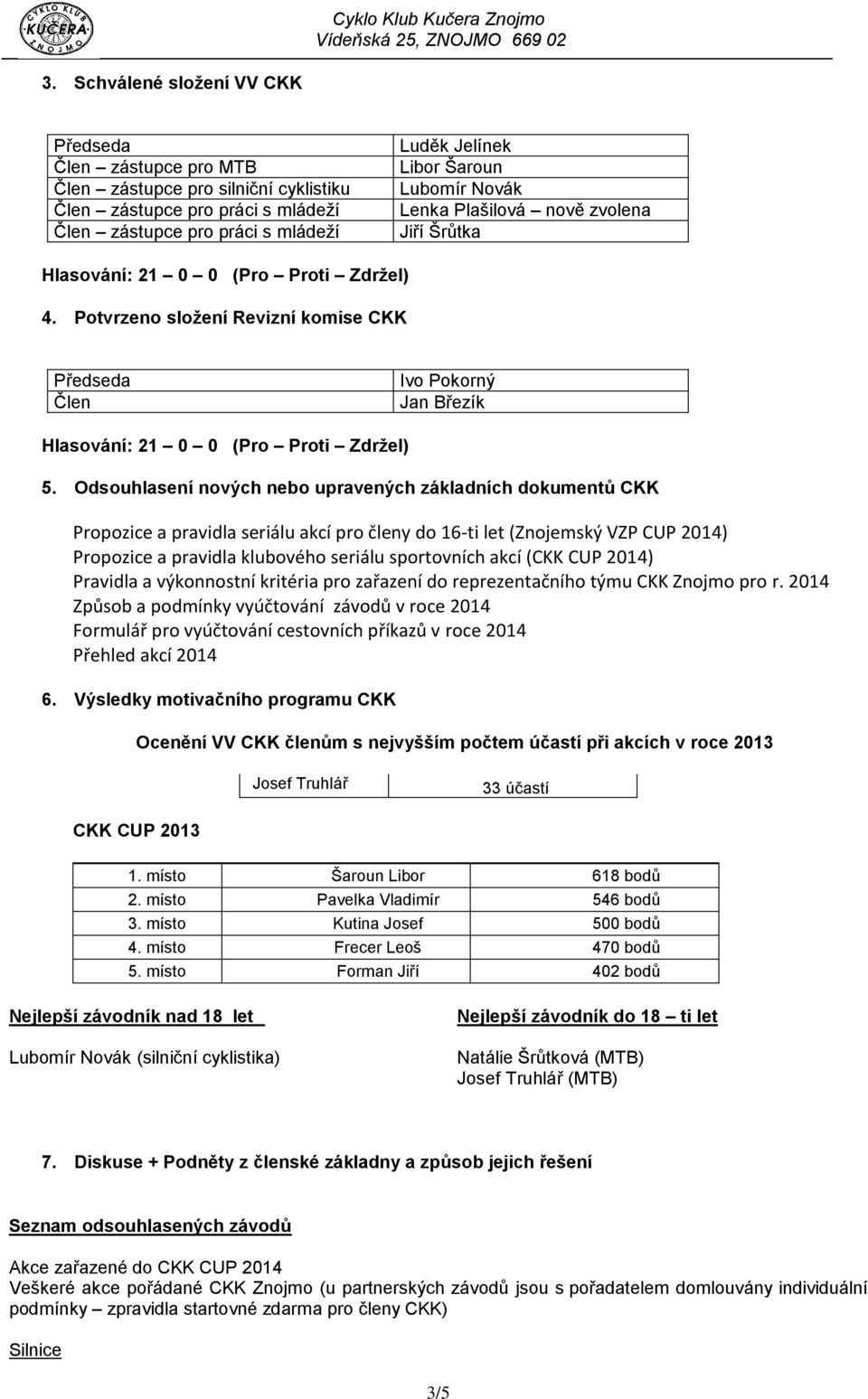 Odsouhlasení nových nebo upravených základních dokumentů CKK Propozice a pravidla seriálu akcí pro členy do 16-ti let (Znojemský VZP CUP 2014) Propozice a pravidla klubového seriálu sportovních akcí