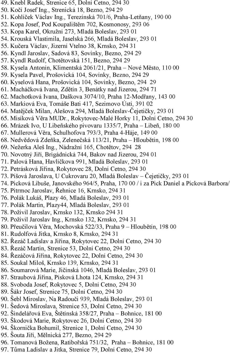 Kučera Václav, Jizerní Vtelno 38, Krnsko, 294 31 56. Kyndl Jaroslav, Sadová 83, Sovínky, Bezno, 294 29 57. Kyndl Rudolf, Chotětovská 151, Bezno, 294 29 58.