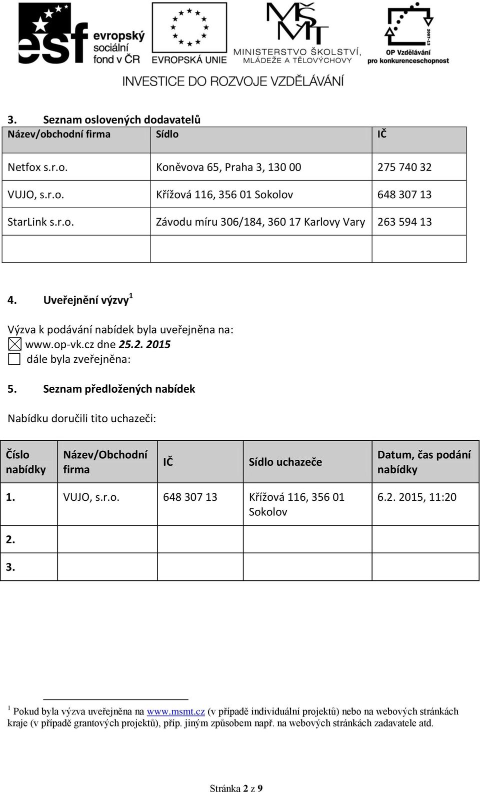 Seznam předložených nabídek Nabídku doručili tito uchazeči: Číslo nabídky Název/Obchodní firma IČ Sídlo uchazeče Datum, čas podání nabídky 1. VUJO, s.r.o. 648 307 13 Křížová 116, 356 01 Sokolov 6.2.