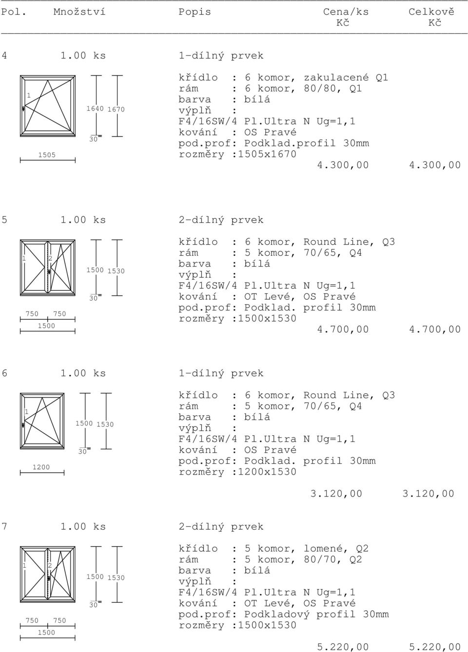 700,00 6.00 ks -dílný prvek 200 500 5 rám : 5 komor, 70/65, Q4 F4/6SW/4 Pl.Ultra N Ug=, pod.prof: Podklad. profil mm rozměry :200x5 3.20,00 3.20,00 7.