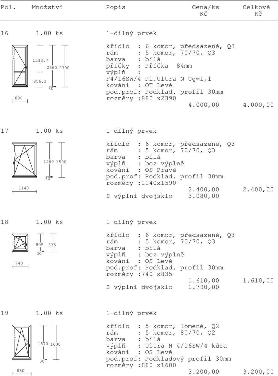 00 ks -dílný prvek 740 805 835 bez výplně kování : OS Levé pod.prof: Podklad. profil mm rozměry :740 x835.60,00.60,00 S výplní dvojsklo.790,00 9.