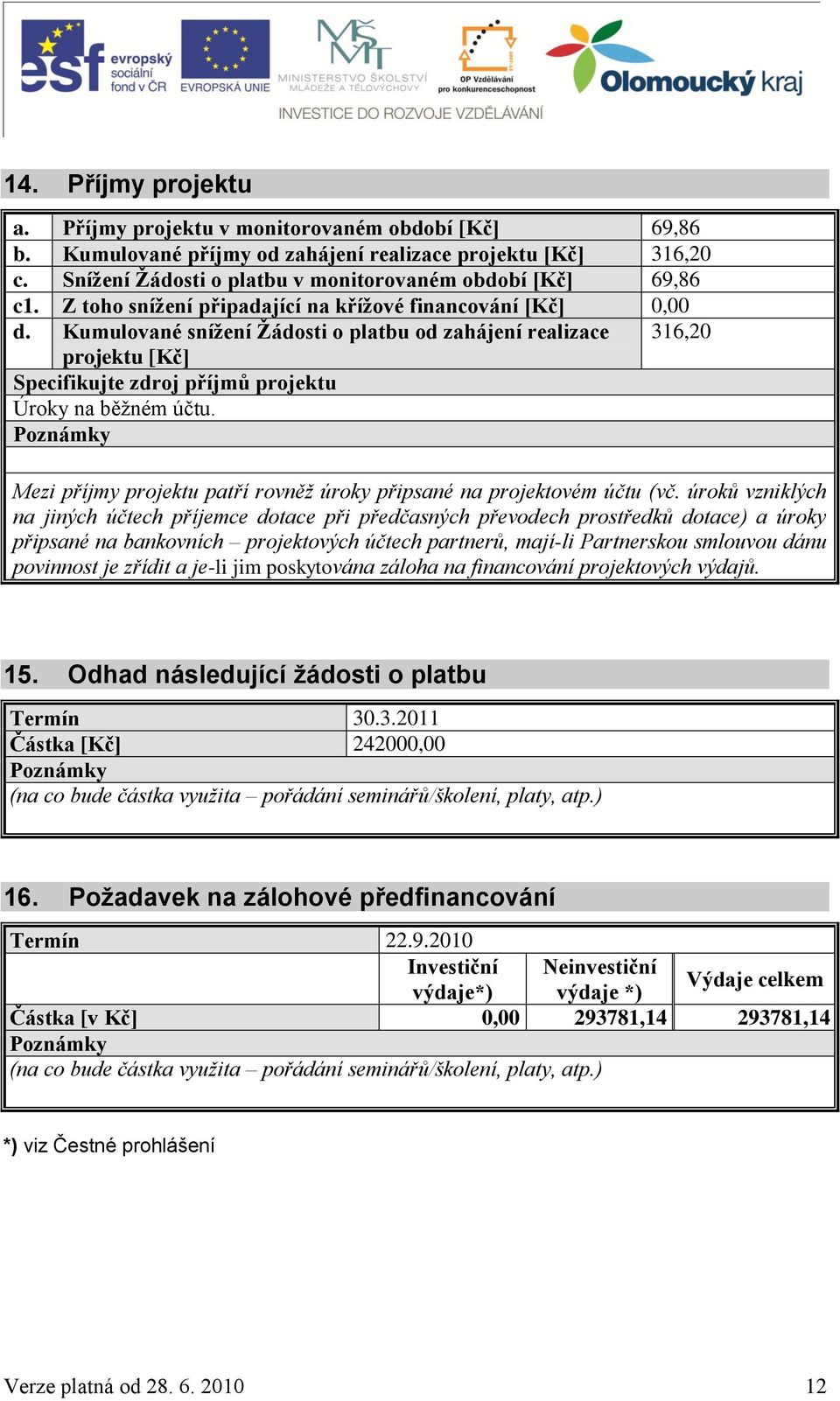 Kumulované snížení Žádosti o platbu od zahájení realizace 316,20 projektu [Kč] Specifikujte zdroj příjmů projektu Úroky na běžném účtu.