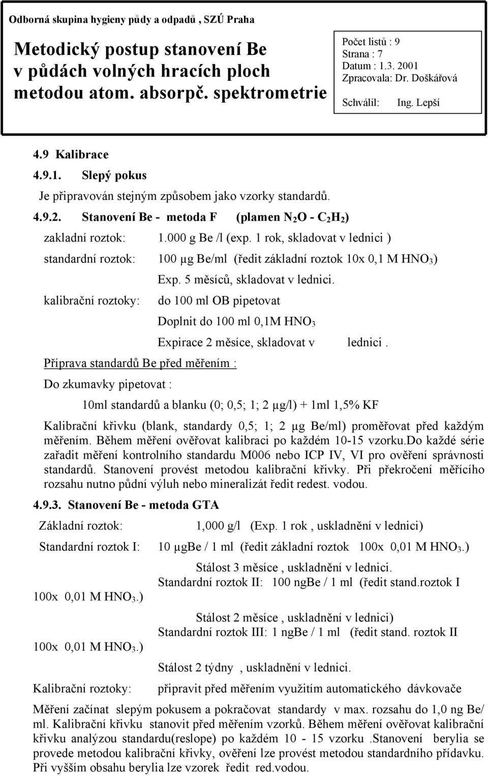 do 100 ml OB pipetovat Příprava standardů Be před měřením : Do zkumavky pipetovat : Doplnit do 100 ml 0,1M HNO 3 Expirace 2 měsíce, skladovat v lednici.