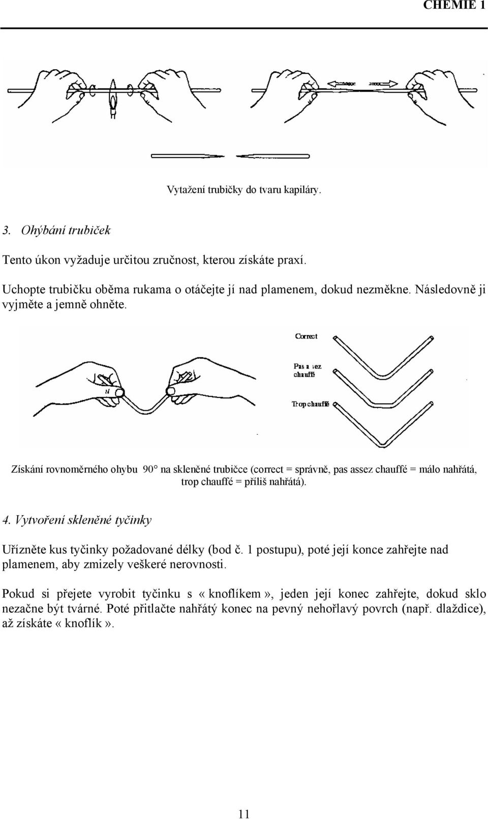 Získání rovnoměrného ohybu 90 na skleněné trubičce (correct = správně, pas assez chauffé = málo nahřátá, trop chauffé = příliš nahřátá). 4.