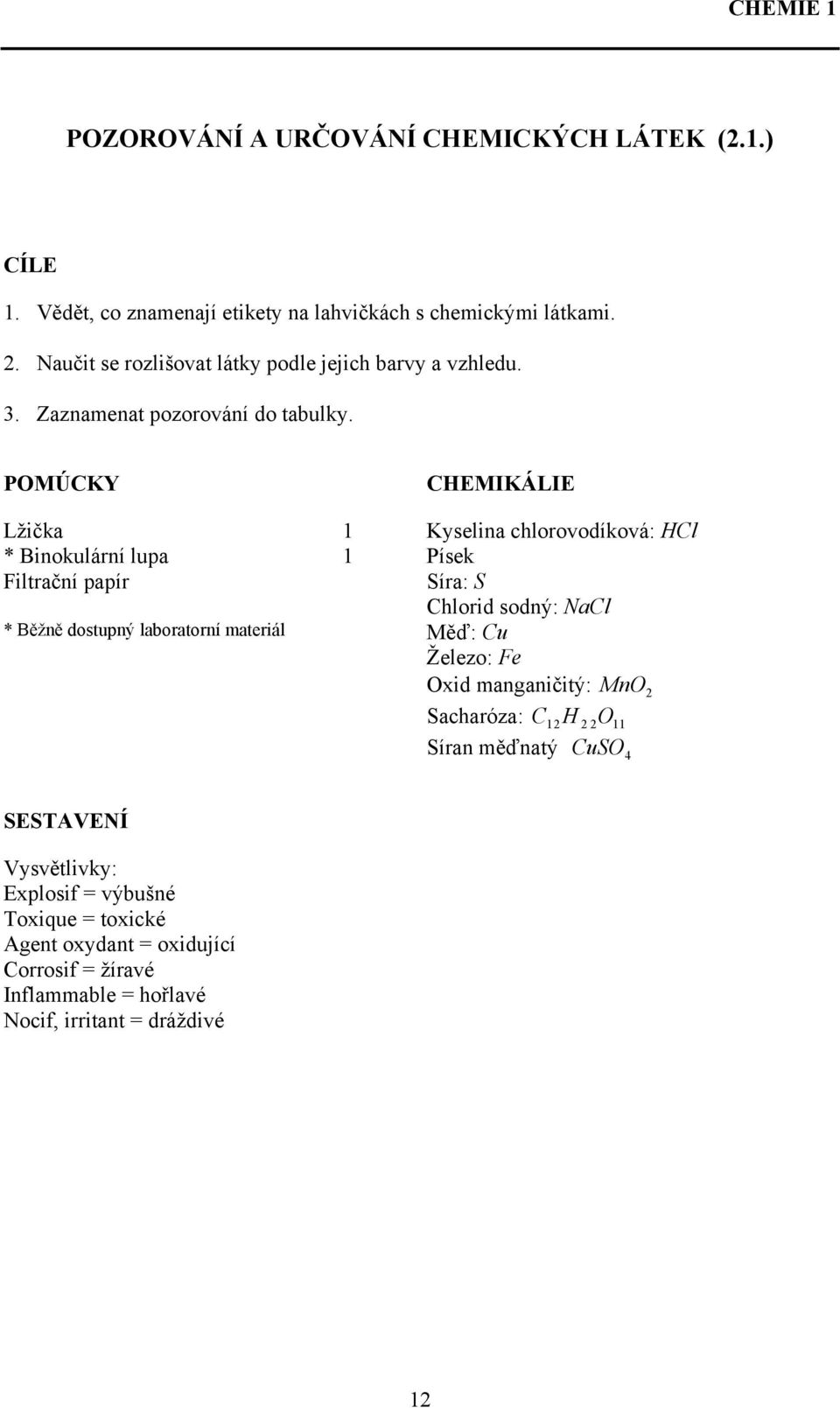 POMÚCKY Lžička 1 * Binokulární lupa 1 Filtrační papír * Běžně dostupný laboratorní materiál CHEMIKÁLIE Kyselina chlorovodíková: HCl Písek Síra: S Chlorid