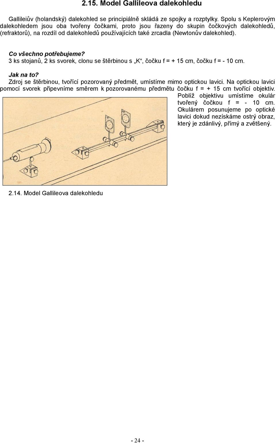 3 ks stojanů, 2 ks svorek, clonu se štěrbinou s K, čočku f = + 15 cm, čočku f = - 10 cm. Zdroj se štěrbinou, tvořící pozorovaný předmět, umístíme mimo optickou lavici.