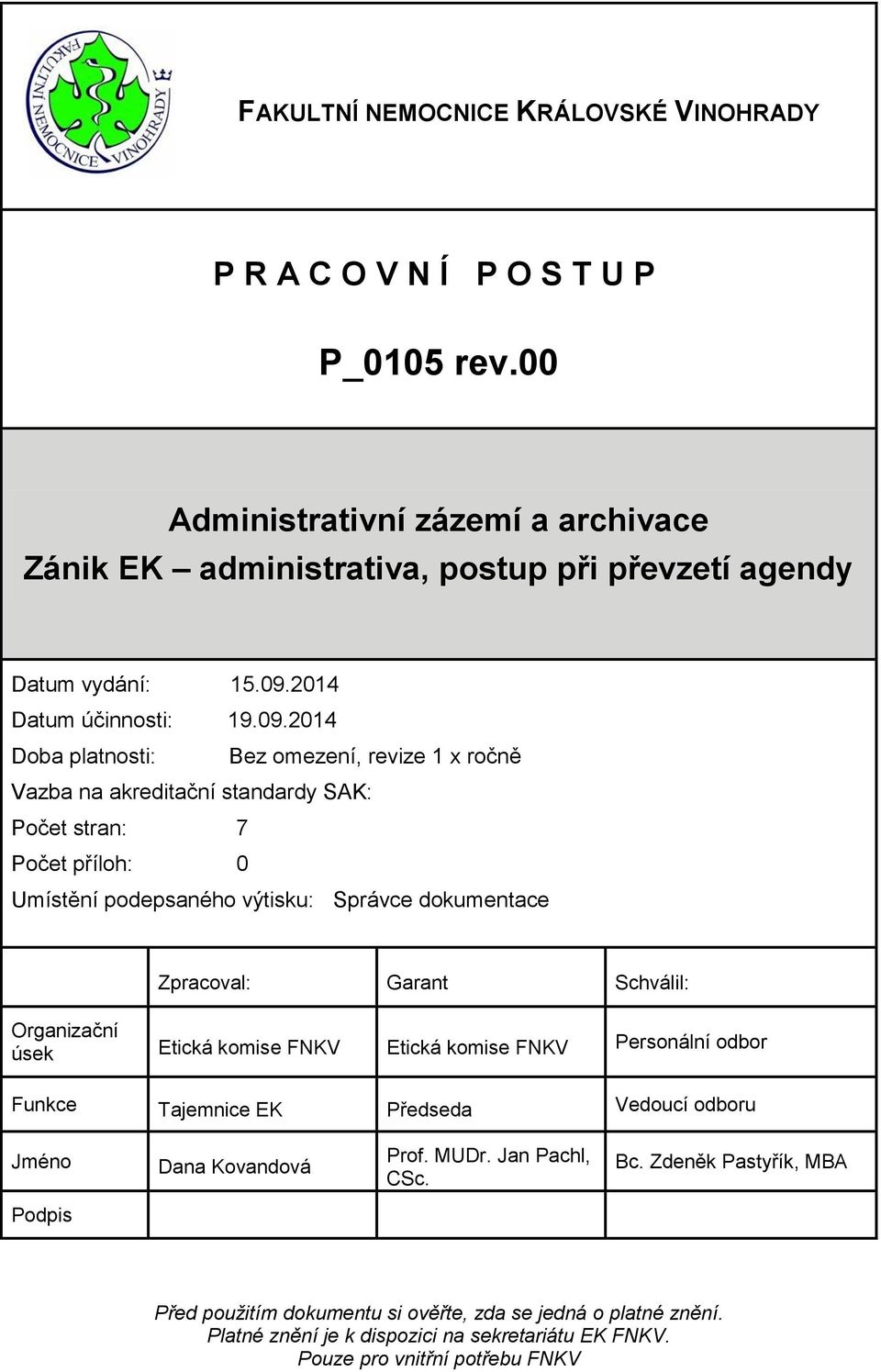 2014 Doba platnosti: Bez omezení, revize 1 x ročně Vazba na akreditační standardy SAK: Počet stran: 7 Počet příloh: 0 Umístění podepsaného